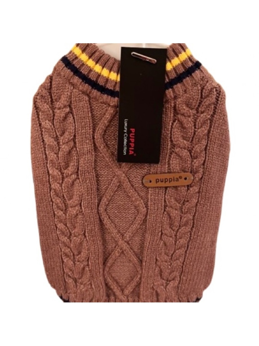 🆕-Puppia Joise- Brown Cable-Knit Dog Sweater w/Striped Trim- Small Medium Dogs - Picture 5 of 11